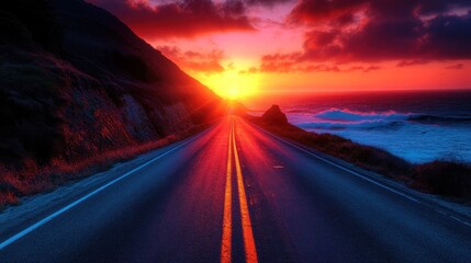A scenic road leads towards a vibrant sunset over the ocean, with mountains in the background.