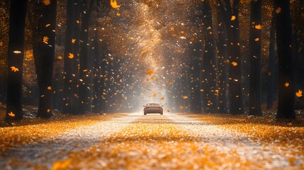 A serene autumn scene with a car on a leaf-strewn road surrounded by trees.
