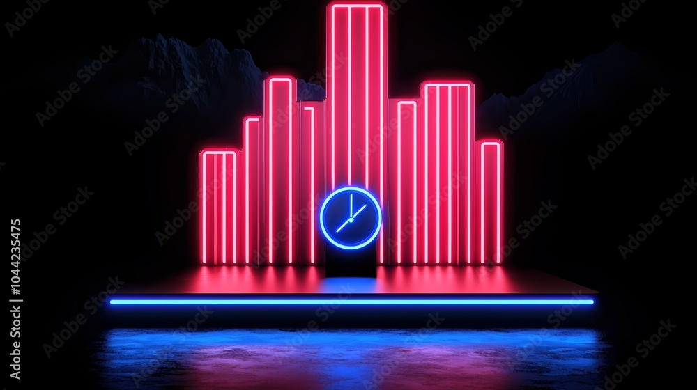 Poster neon light soundwave display with colorful bars and a clock against a dark background.