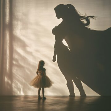 Kleines M&auml;dchen im Schatten einer Superheldin an der Wand