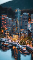 Naklejka premium A detailed model of a modern city with skyscrapers, boats, and lights reflecting in the water.