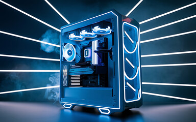 White computer case with blue neon lights  futuristic gaming setup  cyberpunk aesthetic   