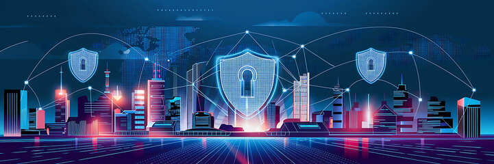 Cybersecurity futuristic city skyline blue and red neon glowing shield concept  