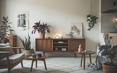 Mid-century modern living room with wooden furniture and green plants  a perfect setting for a cozy and stylish home   