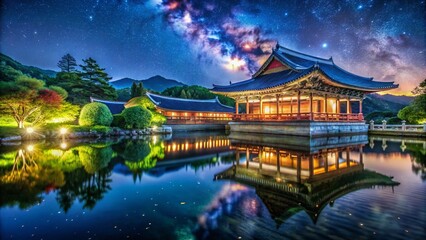 Obraz premium Stunning Long Exposure of a Korean Temple Illuminated at Night with Serene Surroundings