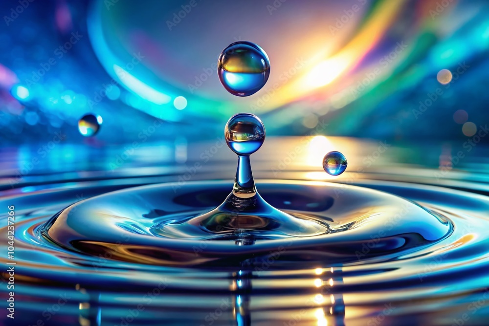 Poster stunning macro of water drops on blue background captured before collision - high dynamic range phot