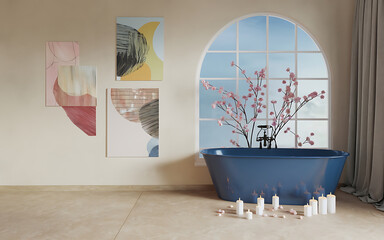 Blue bathtub  pink flowers  and candles  minimalist bathroom design  relaxation and spa concept   