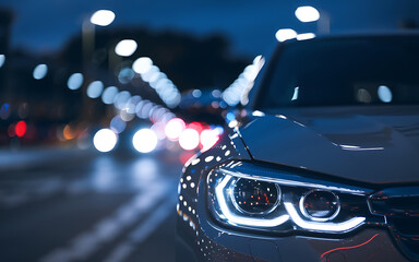 White car headlight glowing in the night city with blue and white colors  modern and sleek design  urban night driving concept   