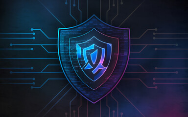 Fototapeta premium Cybersecurity Shield with Blue and Pink Glow Illustrating Digital Protection and Security 