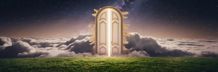 Golden door  white clouds  night sky  fantasy concept  hope and new beginnings  magical portal to another world   