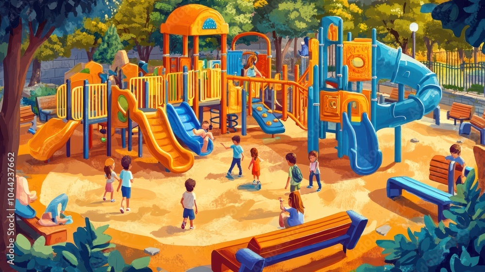 Poster children playing on a colorful playground with slides, swings, and climbing structures on a sunny da