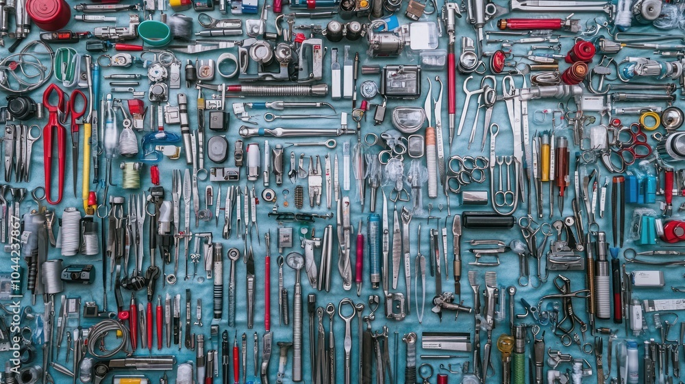 Poster a vast array of tools and hardware on a blue background.