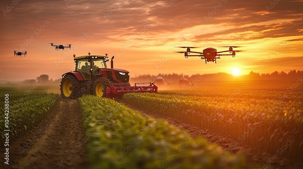 Wall mural tractor working a field with drones. the image showcases the growing use of drones in agriculture, f