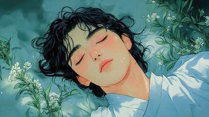 Dreamy Portrait of a Sleeping Man with Flowers