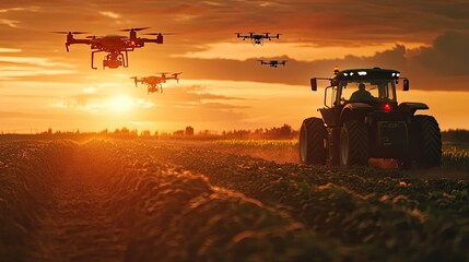 Fototapeta premium Tractor in a field with multiple drones. Illustrates modern farming techniques and automation.