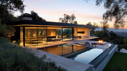 Fototapeta premium Modern Home with Pool at Sunset