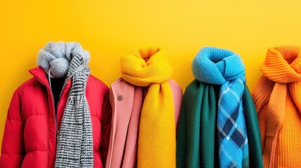 A vibrant display of colorful winter coats and knitted scarves against a bright yellow background, highlighting seasonal fashion trends.