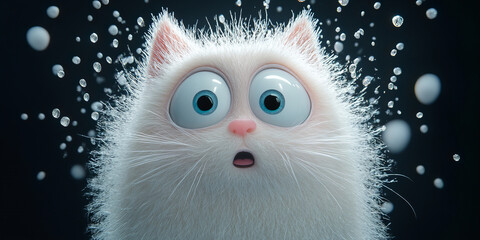 Banner presenting adorable wide-eyed cartoon cat looking astonished while surrounded by sparkling water drops