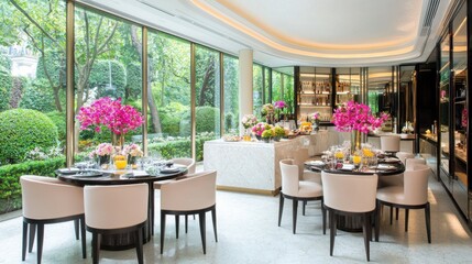 Fototapeta premium Elegant Dining Experience in a Luxurious and Inviting Indoor Setting with Lush Decor and Flowers