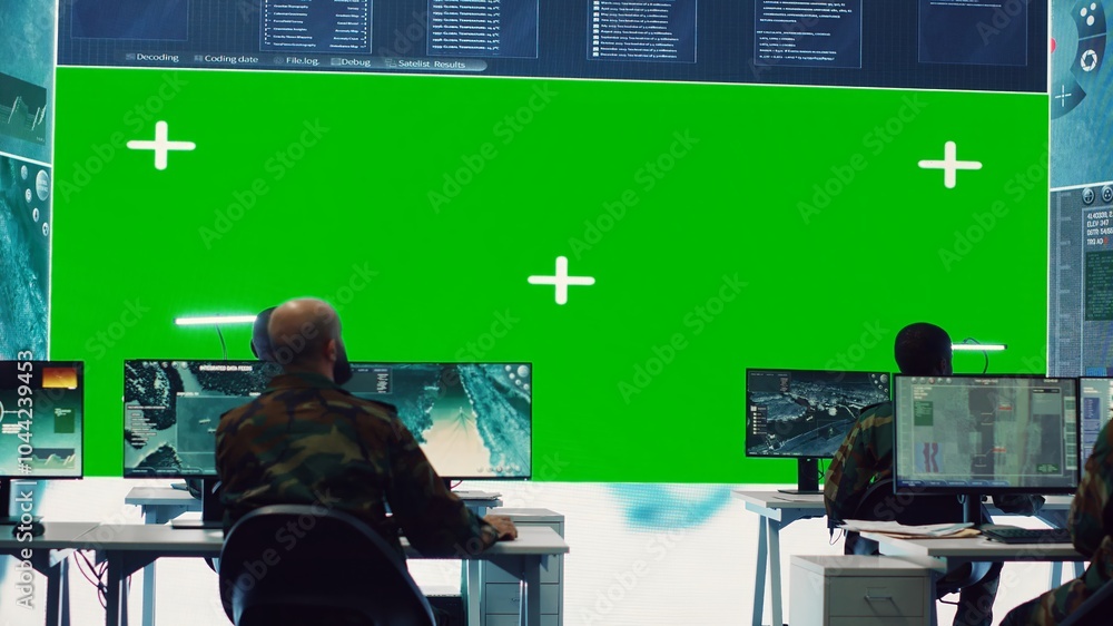Poster diverse group of privates operating on a big screen isolated display, looks at a greenscreen and gat