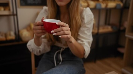 Young woman in bakery enjoying coffee from red cup while wearing yellow beret and glasses, interior setting with wooden shelves and assorted breads in background