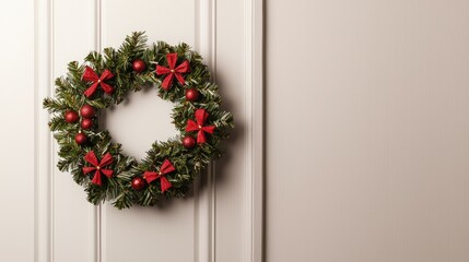 A festive Christmas wreath adorned with red ribbons and ornaments, elegantly placed on a light-colored door.
