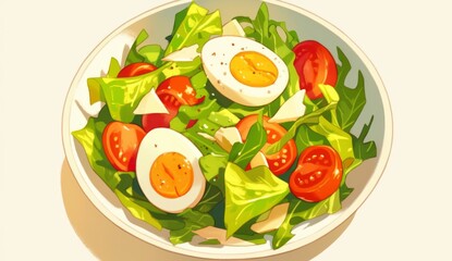 Beautifully arranged salad bowl with green leafy vegetables, tomatoes, and eggs on top