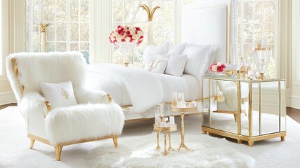 Obraz premium Cozy and Elegant Bedroom Sanctuary with Plush Furnishings and Natural Light