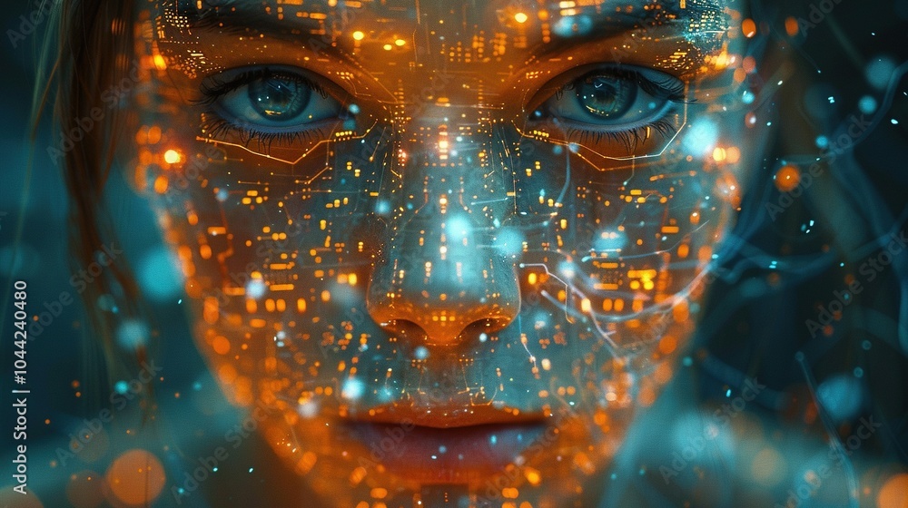 Poster a close-up of a face overlaid with digital circuitry and glowing patterns.