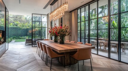 Fototapeta premium Modern Dining Area with Elegant Lighting and Greenery