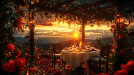 A romantic dinner setting at sunset, adorned with roses and a scenic view.