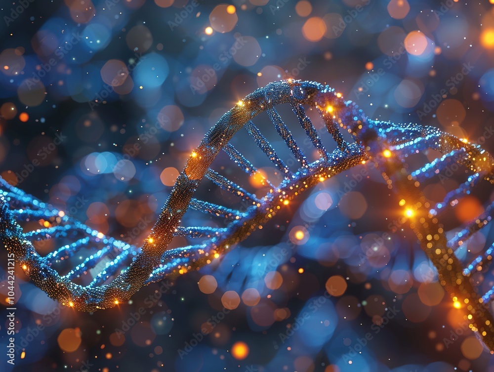 Poster a digital representation of dna strands with vibrant colors and bokeh effects.