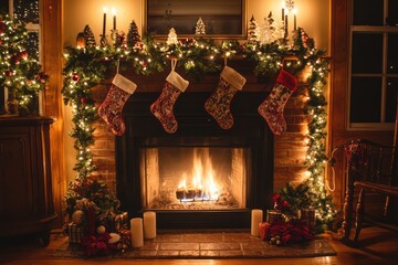 A festive holiday fireplace with stockings, garlands, and Christmas lights illuminating the room