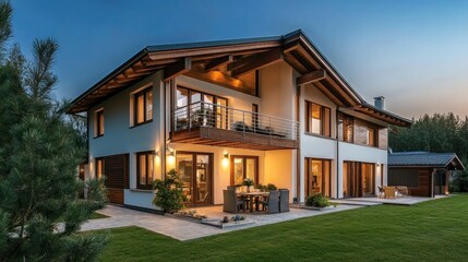 Fototapeta premium Modern two-story house with outdoor seating and landscaped yard at dusk.