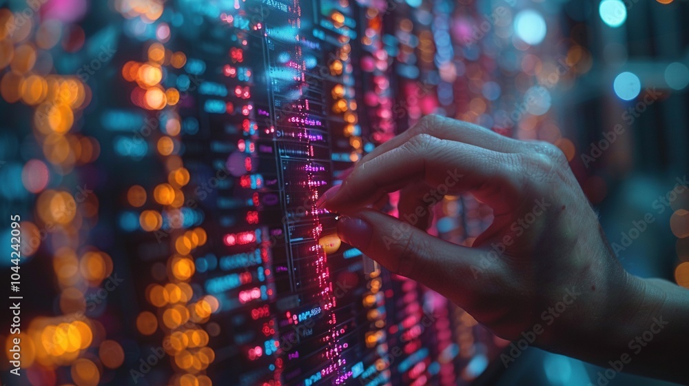 Poster a hand adjusting controls on a vibrant, illuminated data panel.