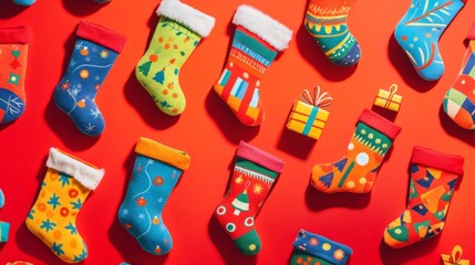 xmas wallpaper with colourful christmas socks against red background