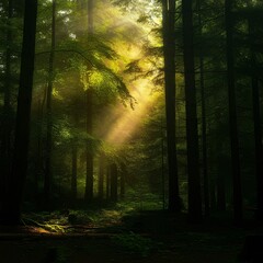 Obraz premium Lush green forest with sunlight filtering through the trees