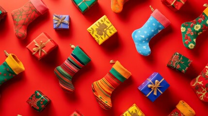 xmas wallpaper with colourful christmas socks against red background