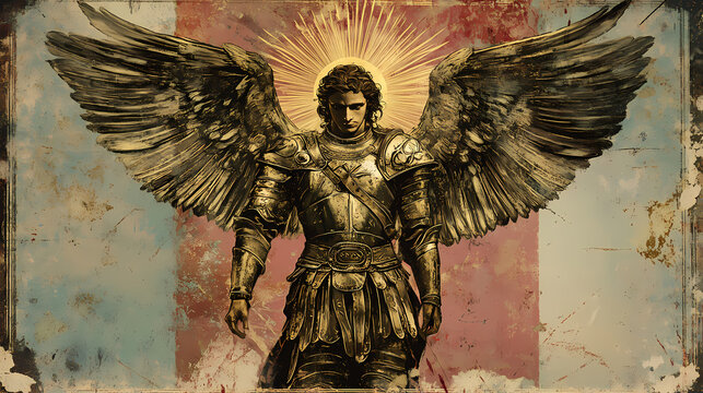 Biblical representation of the archangel michael in glorious battle armor. Celestial Guardian. Illustration