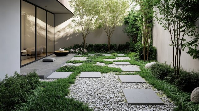 Serene Outdoor Garden with Zen Elements and Pathway