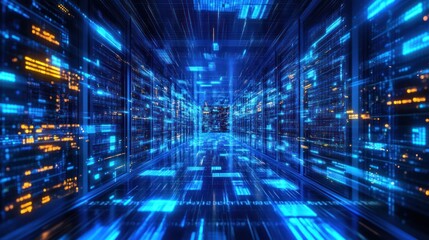A futuristic digital corridor filled with vibrant blue and orange data streams.