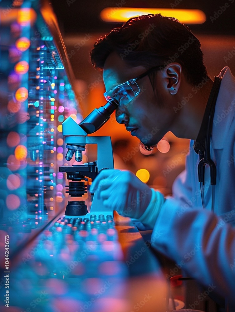 Poster a scientist examining samples under a microscope in a colorful laboratory setting.