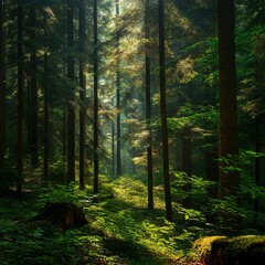 Obraz premium Lush green forest with sunlight filtering through the trees