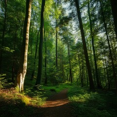Obraz premium Lush green forest with sunlight filtering through the trees
