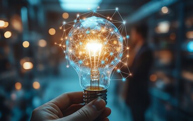 Artistic representation of two professionals brainstorming in an ecofriendly office, with a shining light bulb symbolizing sustainable finance ideas