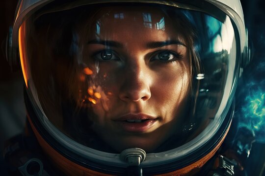 Female astronaut floating outside a spaceship in outer space. Explorer in protective helmet and suit. Cosmos discovering. Science fiction, space travel and exploration concept. World Space Week