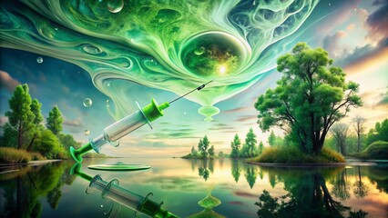 Obraz premium Surreal Syringe with Green Liquid in a Dreamlike Landscape