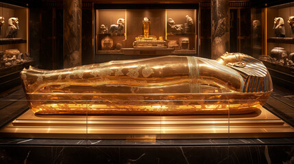 A life-size golden sarcophagus of an Egyptian pharaoh in a burial chamber at a museum