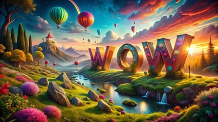 Surreal Wow Text Art with Dreamlike Landscapes and Vivid Colors for Eye-Catching Visuals