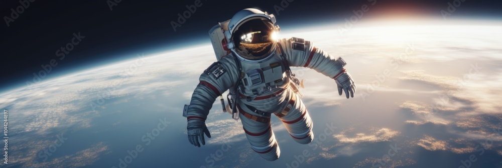 Poster astronaut floating outside a spaceship in outer space. man in protective helmet and suit. cosmos dis